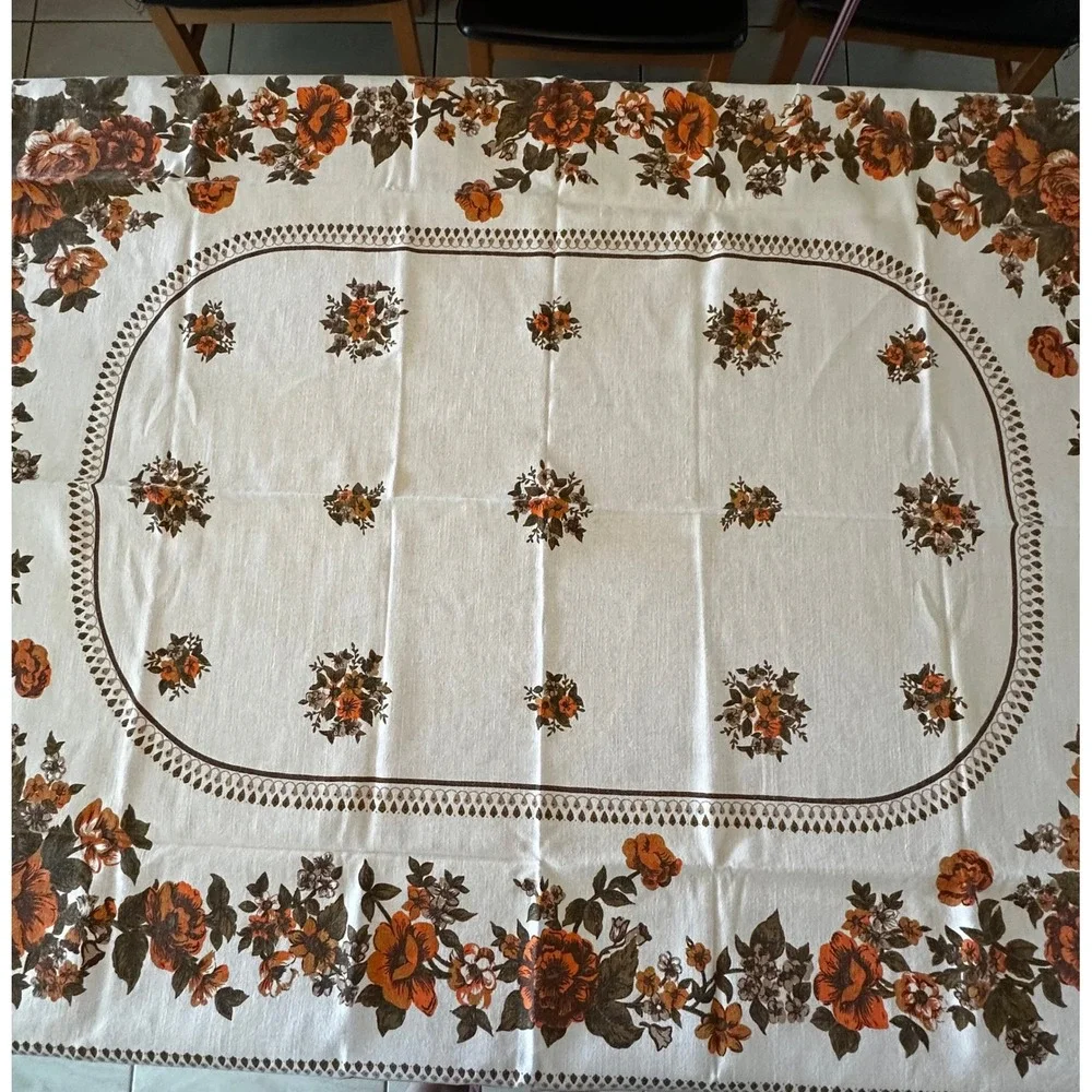 Vintage Floral Tablecloth Orange Brown Roses Rectangular Cream Retro 70s Decor